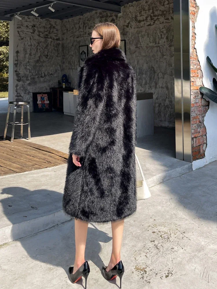 2024 Winter Fluffy Jacket Ladies Furry Warm Pink White Jacket Trench Coats Tops Women Solid Lapel Long Faux Fox Fur Coat