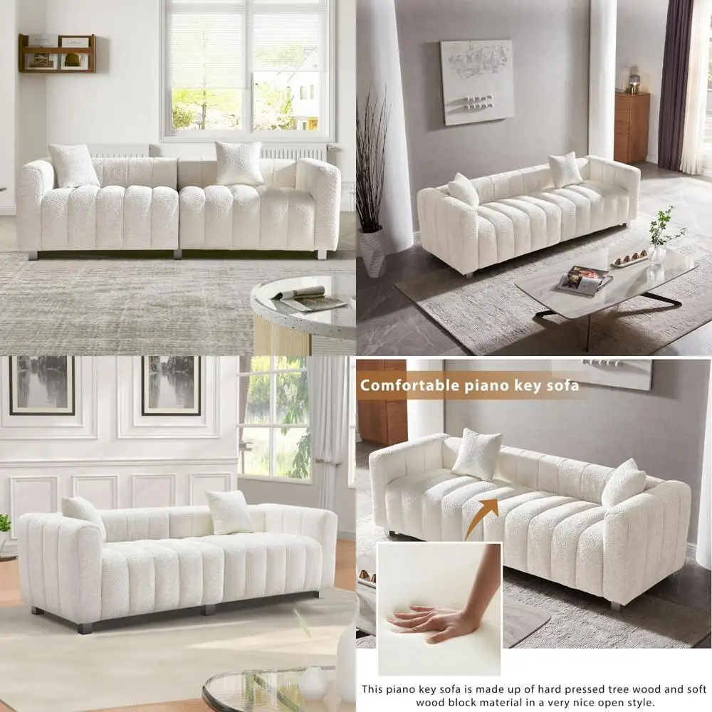 Modern Oversized Deep Seat Sofa, 3-Seater Tufted Upholstered Couch with Accent Pillows, Teddy-Inspired Comfort for Living Room