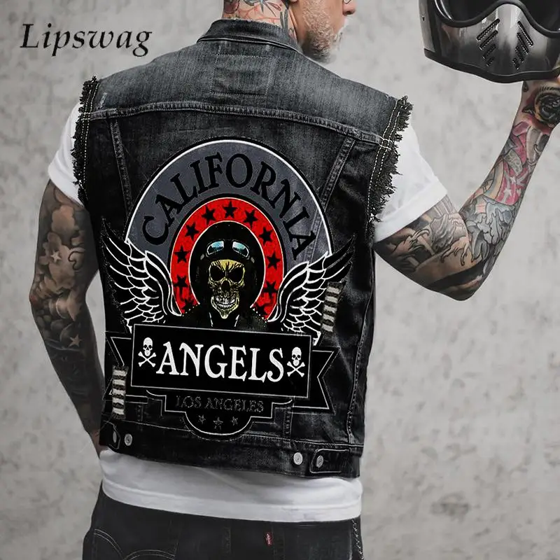 

Streetwear Vintage Mens Slim Denim Waistcoats 2026 Spring Fall Stylish Skull Printing Vest Jackets Men Trendy Buttoned Jean Coat