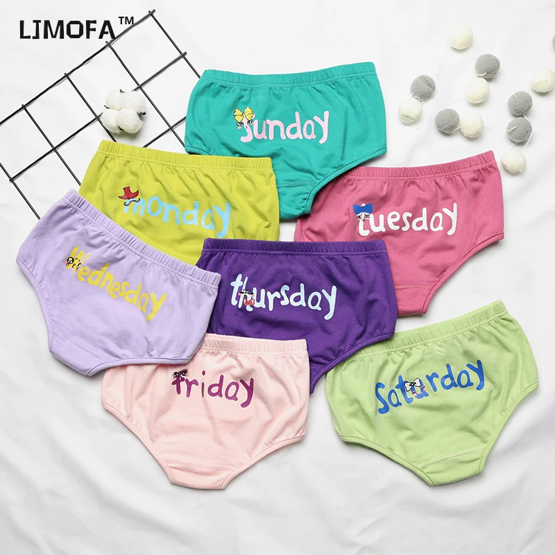 LJMOFA 7Pcs 2-5T Girls Children's Underwear Kids Cartoon Shorts Soft Cotton Letter Week Underpants Teenage Panties Gift B134