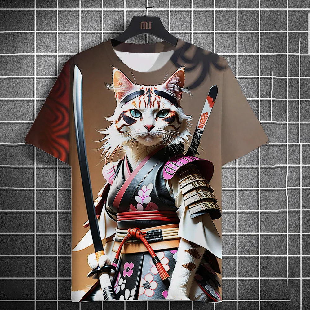 Camiseta con estampado de gato y Guerrero para hombre, camiseta con capucha con estampado artístico de cuchillo, cuello redondo, top de calle, moda de verano, 2024