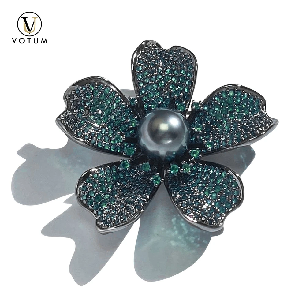 

Votum Cultured Black Tahitian Pearl Flower 925 Silver Brooch Pin Women Green Zicronia Pendant Handmade Fine Jewelry Gift for mom