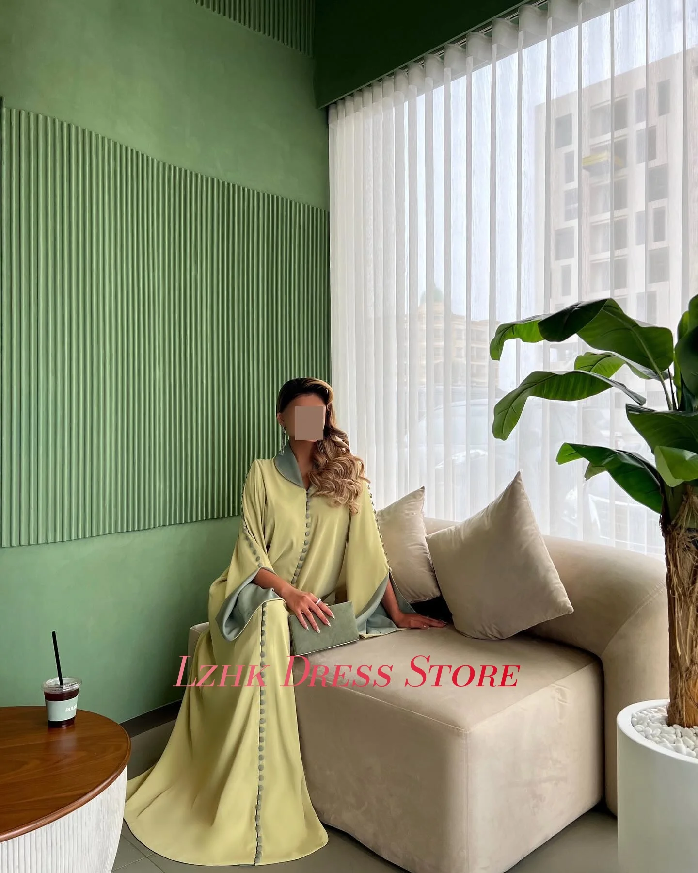 カスタマイズされた気質ジャージーAラインボタンイブニングドレスフォーマルロングスリーブVネックフロアレングス