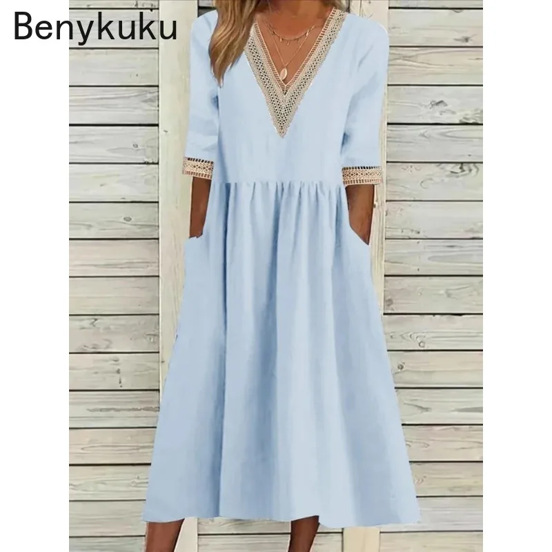 Half Sleeve V Neck Cotton Linen Dress for Women 2024 Summer New Robe Casual Dresses Chic Vintage Spliced Loose Midi Vestidos