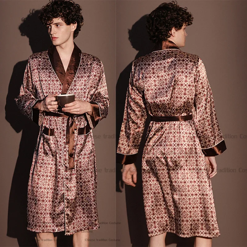 Men Summer Thin Bathrobe High Quality Nightrobes One-Piece Robe Male Loungewear Gents Spring Large Size Ice Silk Printed Pajamas