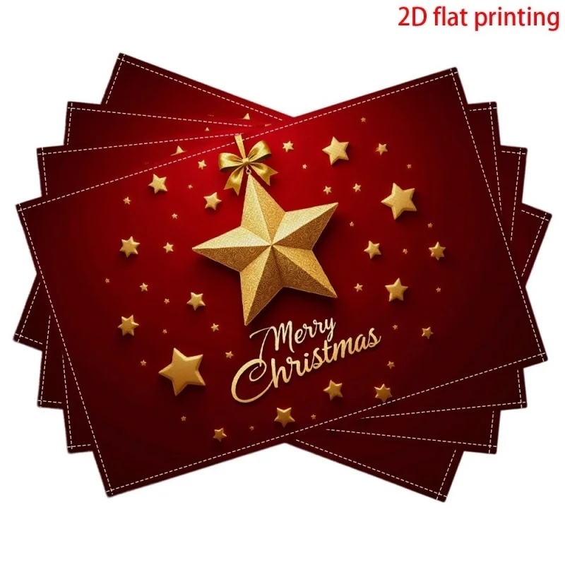 Red Background Golden Star Merry Christmas Print Linen Placemats, 3D Effect Star Ornament Pattern Table Mats for Holiday
