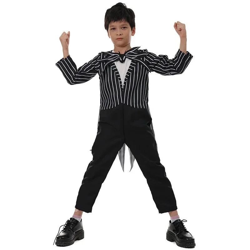 Halloween Jungen Kürbiskönig Skelett Jack Gestreifter Overall Kostüm Skelett-Handschuhe Maske Schwarze Rose Kinder Party Cosplay Outfit Set – Detail 3