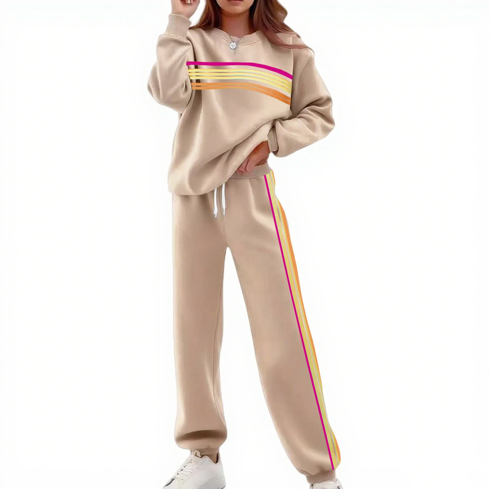 Quality Women's 2 Pieces Outfits Long Sleeve Crew Neck Striped Print Loose Fitted Sweatshirt and Pants Sweatsuit