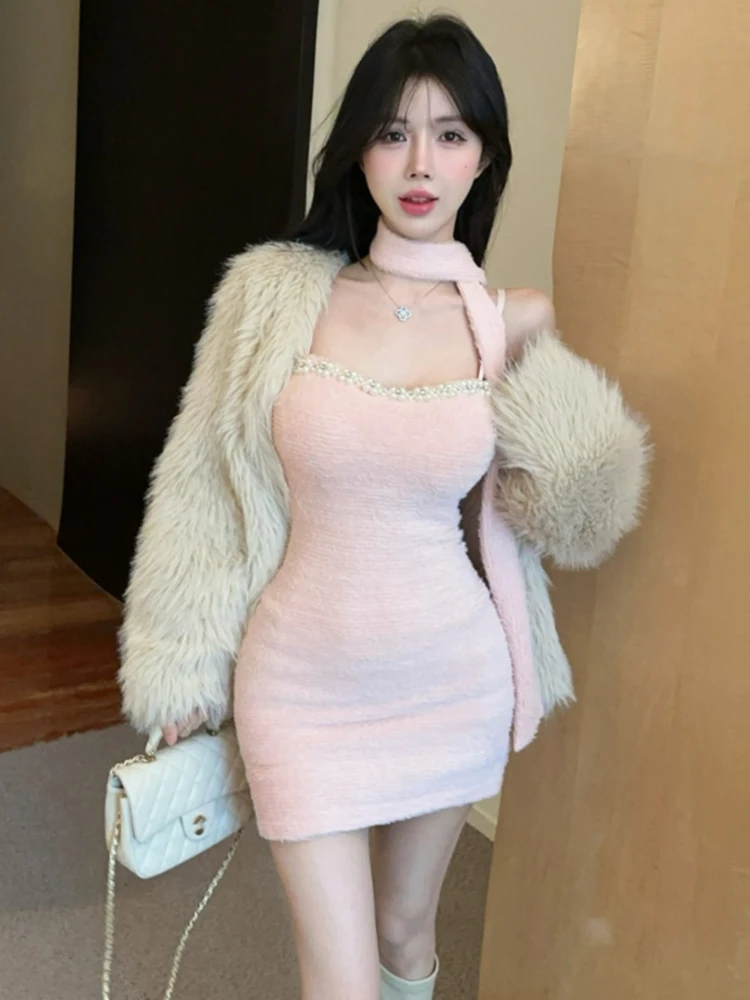 Korejpaa Sexy Dress Slim Fit Scarf Diamond Studded Strapless Mini Dresses Women Hotsweet Sexy Solid Color Casual Bodycon Vestido