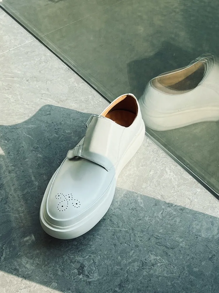 Handmade Mens White Genuine Leather Shoes Size 45 46 Spring Breathable Hook Loop Platform Casual Shoes Male Customized 7 Days