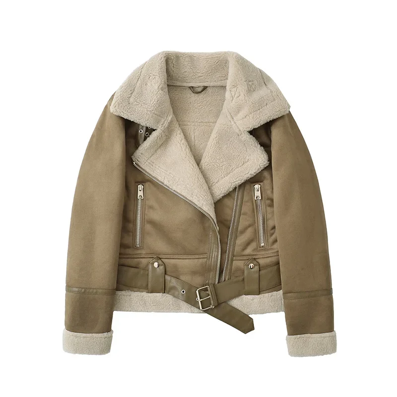 Winter Women Thick Warm Suede Lamb Jacket Short Motorcycle Brown Coats Faux Shearling Sheepskin Leather Jackets Outwear New