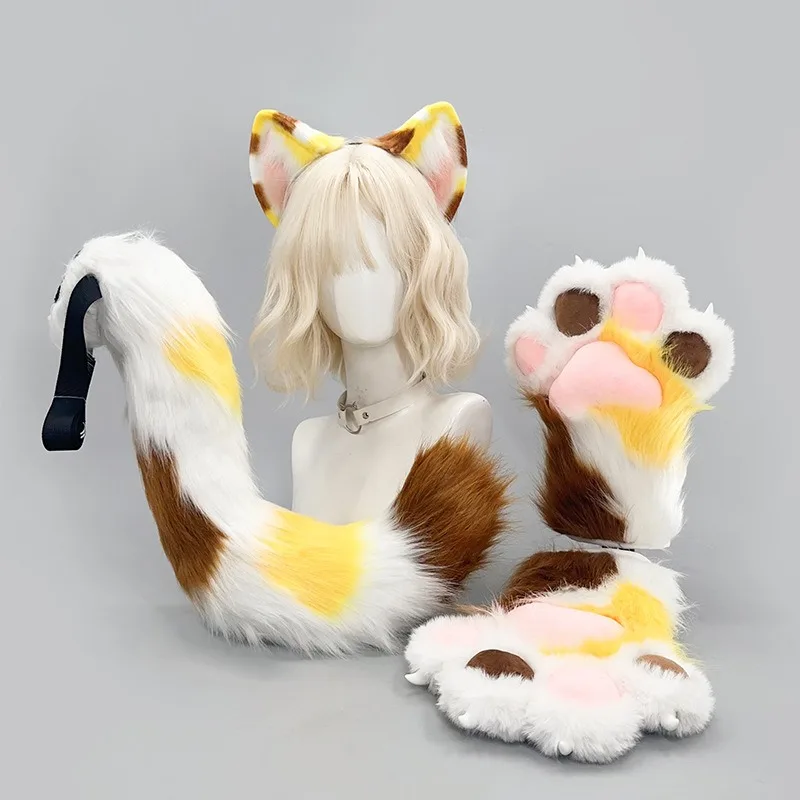 Plush Furry Cat Ears Tail and Paws Set Animal Cosplay Accessories for Fursuit Anime Convention Party 2 Colors