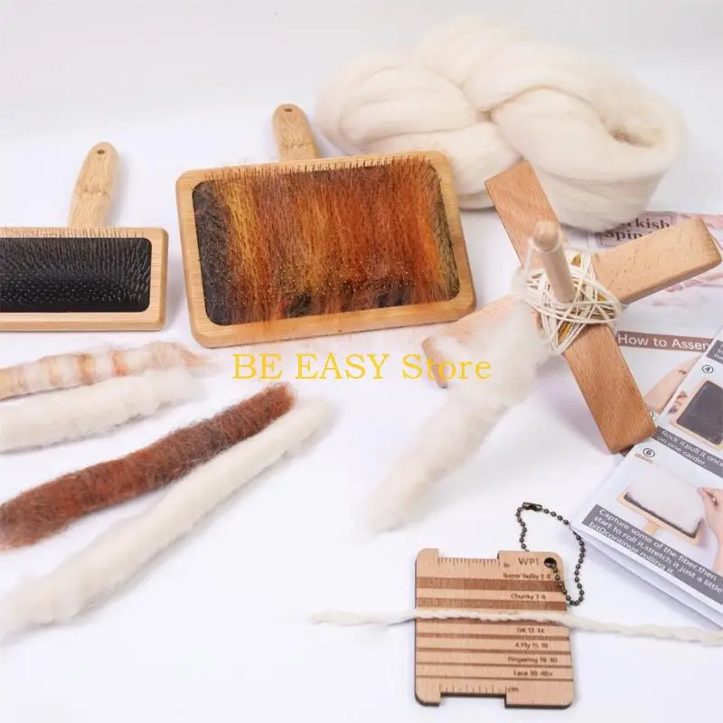 E28F Turkish Spindle with Carding Brushes Crosses-Shaped Drop Spindle Wool Carders