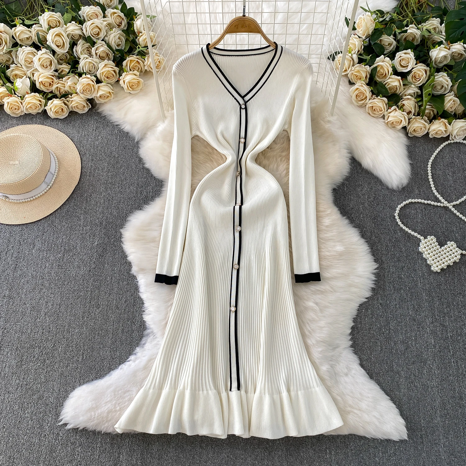 Realeft outono inverno único breasted feminino de malha vestidos longos manga longa com decote em v casual solto coreano sereia vestido feminino