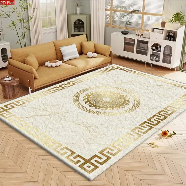 Greek Key Marble Texture Square Rug Luxury Golden Geometric Circular Medallion Non-Slip Floor Mat for Modern Home Decor