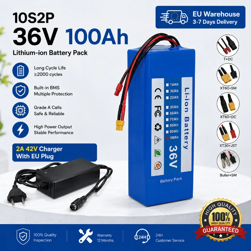 36V 100Ah Lithium-Batterie für Elektroroller, 10S2P 18650 Akkupack für 500W E-Bike Motorrad, EU Schnellversand