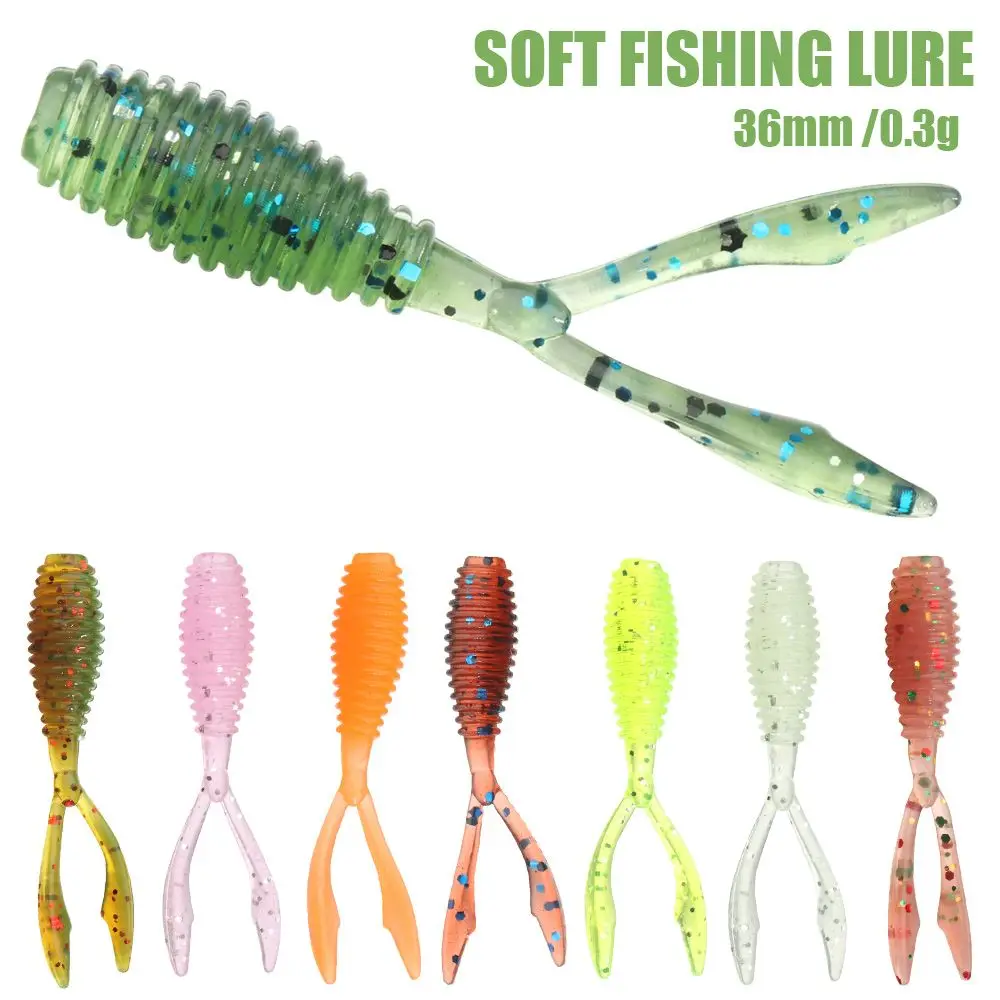 10pcs Mini Soft Fishing Lures Rockfish Twin Tail Artificial Wobbler Silicone Fluorescent Worm Bait Fishing Tackle 36mm 0.3g