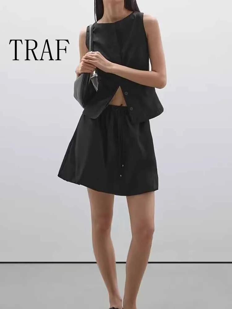 

TRAF European and American style summer new black round neck sleeveless vest vest drawstring high waist lantern skirt two-piece