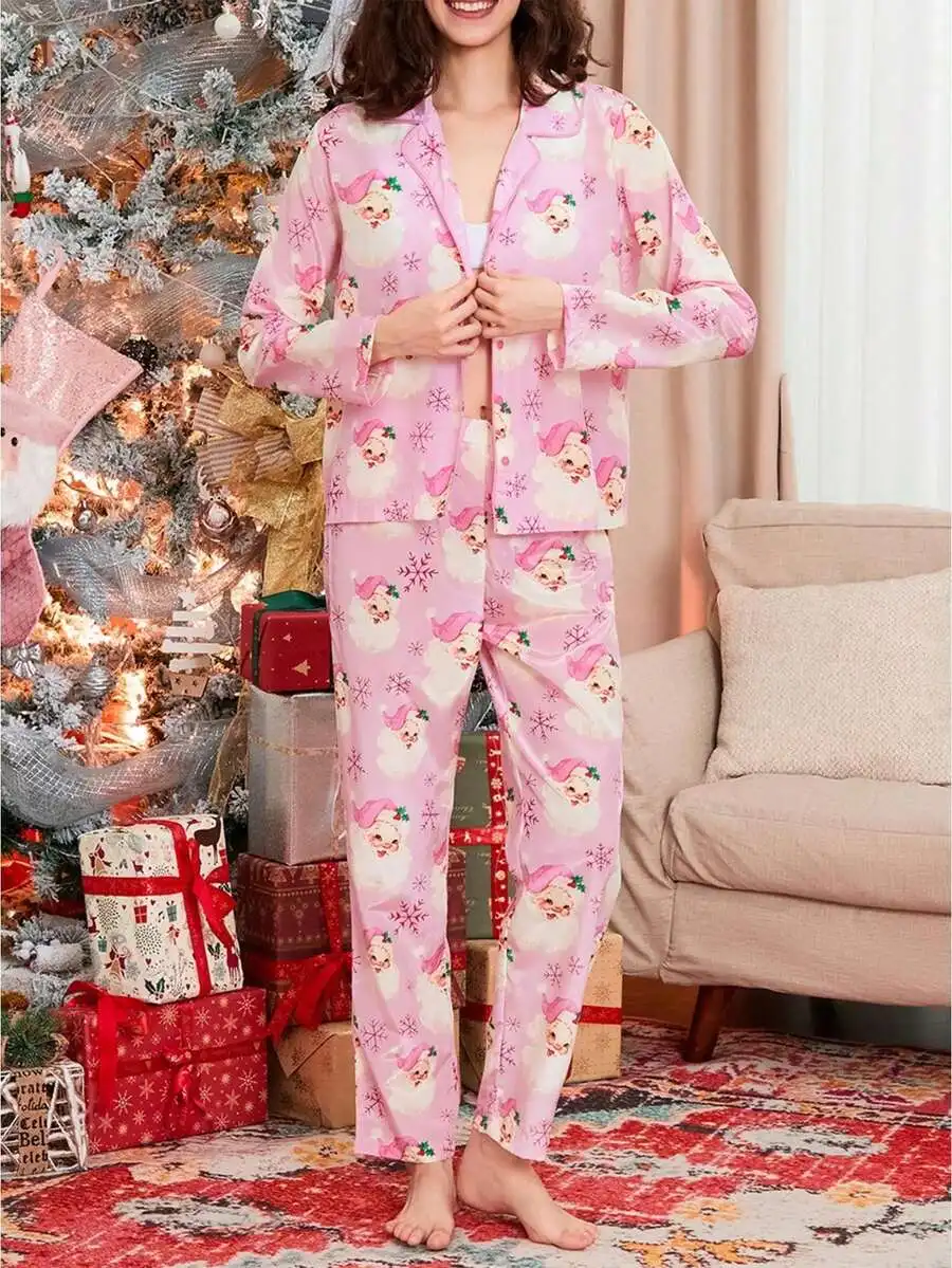 

Women Christmas Pajamas Set Button Up Shirt And Pants Pink Santa Print Long Sleeve Sleepwear Holiday Two Piece