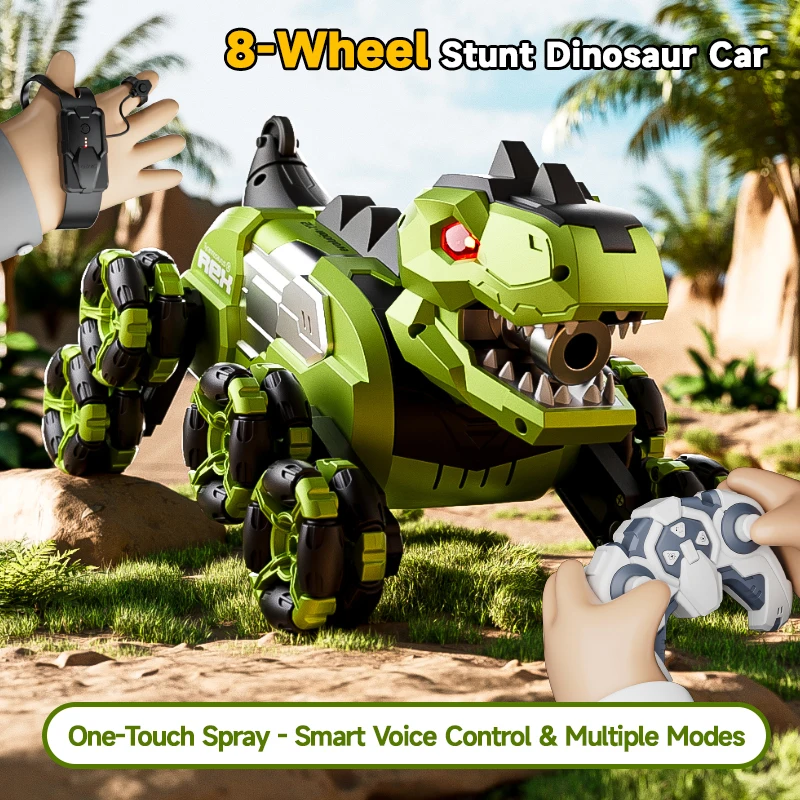 Smart Watch Sensing 4WD Electric Voice Remote Control Dinosaur 8 Wheels Rotation LED Lighting Music Spray Walking RC Dinosaur