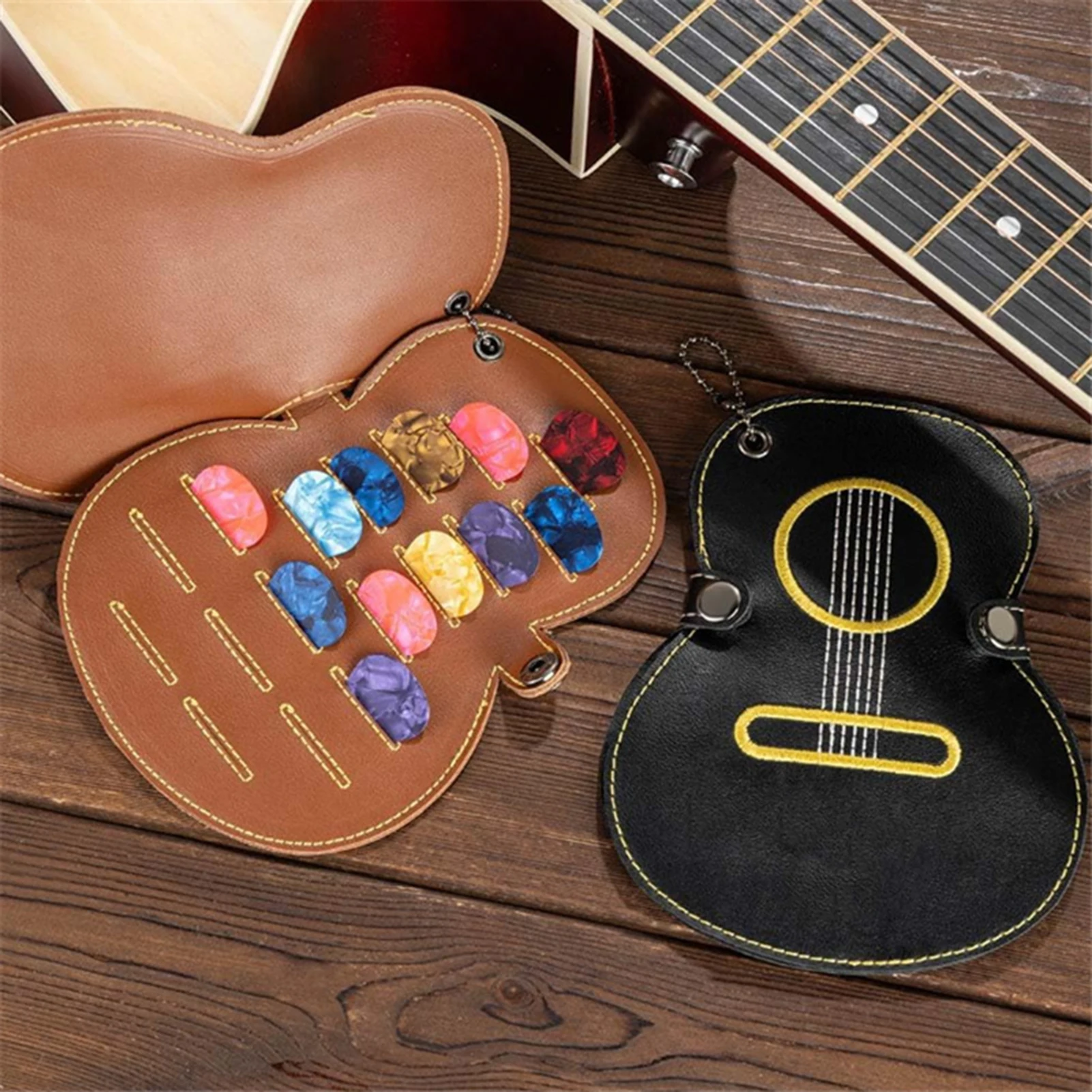 

Portable Guitar Paddle Bag Creative Guitar Shaped Leather Storage Bag For 17 Pin Guitar Paddle Instrument Accessories Organizer