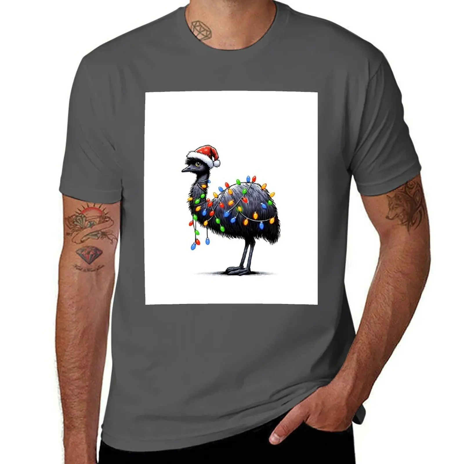 

Cute Santa Emu Tangled Up In Christmas Tree Lights T-Shirt Simple Graphic Design T-Shirt