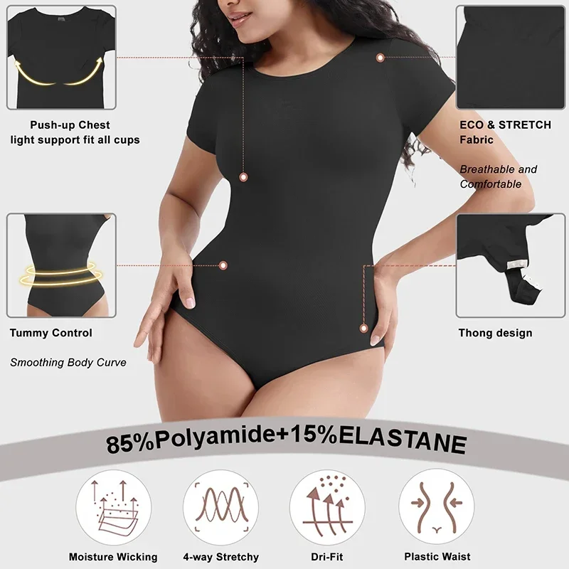 Dimmkof Scoop Neck Thong Short Sleeve Seamless Fabric Womens Bodysuit Shapewear for Tummy Control Compression Body Shaper Top