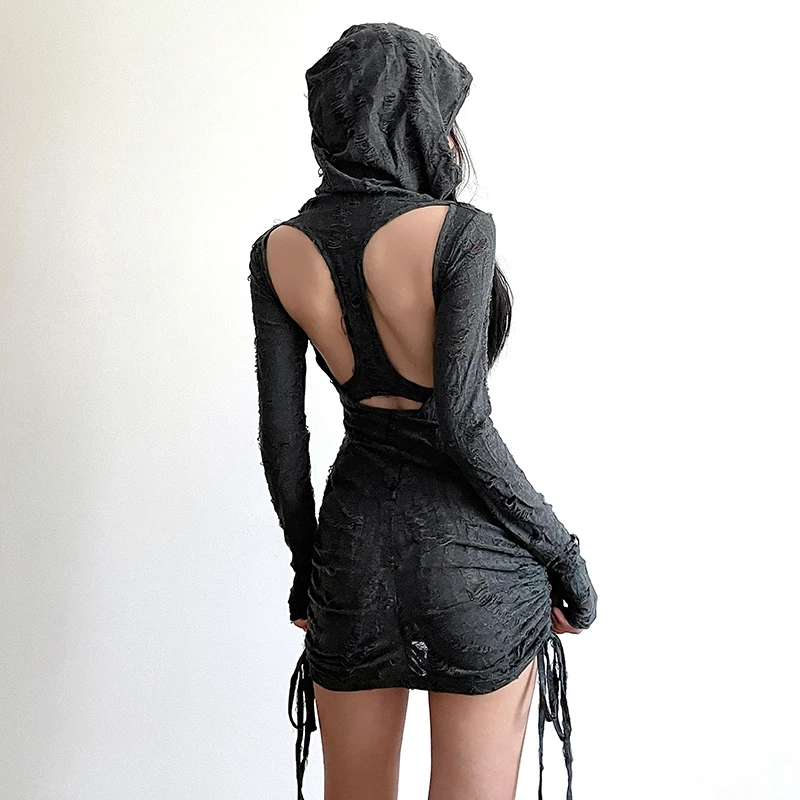 Waste Soil Style Beggar Ragged Tatted Backless Drawstring Pleated Dress Women's Long Sleeve Short Hip Skirt with Hat