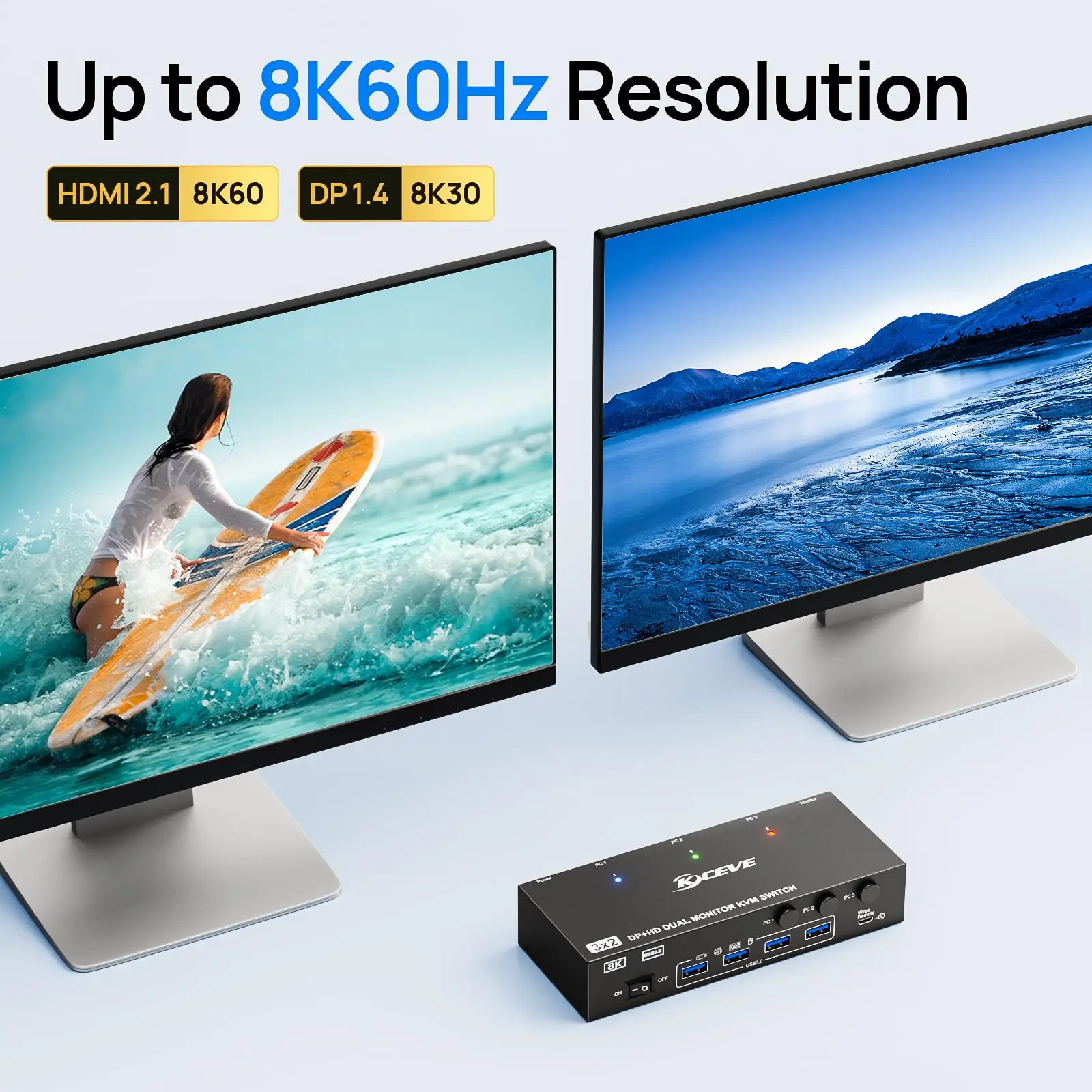 KVM-переключатель HDMI Displayport, 3 ПК, 2 монитора, 4K при 144 Гц, KVM-переключатель с двумя мониторами для 3 компьютеров, доступ к двумя мониторами, 4 порта USB 3.0