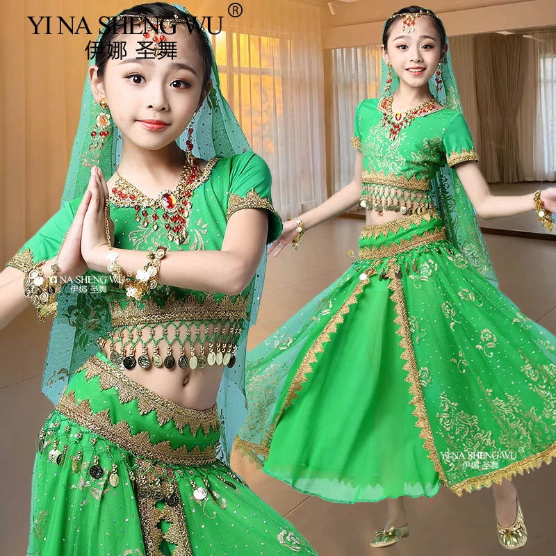 New Style Girl Kids Belly Dance Indian Costume Set Oriental Dance Sari Bollywood Children Chiffon Performance Stage Outfit