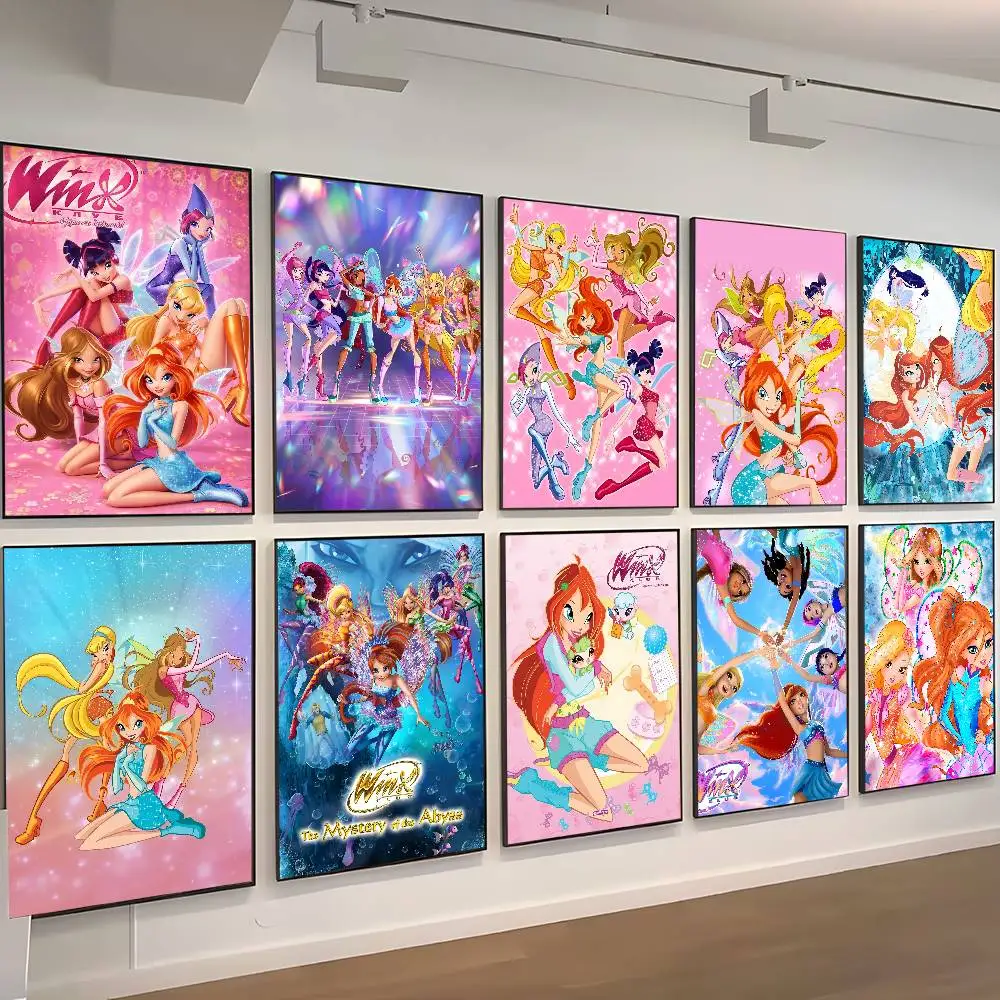 Póster artístico autoadhesivo de dibujos animados W-Winx Cute Club, impresiones en papel blanco, carteles artísticos, pintura artística estética para pared