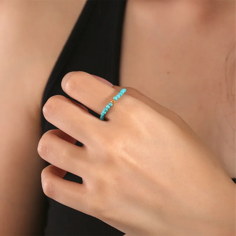 Boho Unisex Natural Turquoise Elastic Finger Band 2mm Blue Bead Strand Ring Genuine Gems Handcrafted Hand Jewellery Freeshipping