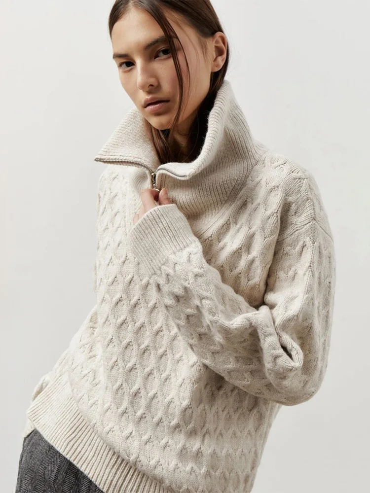 

Women's High Ne f Zipper Sweater European Sle Loose Fit Polyester Fiber 70% Spandex 30% Knitted Long Sve Pure Color