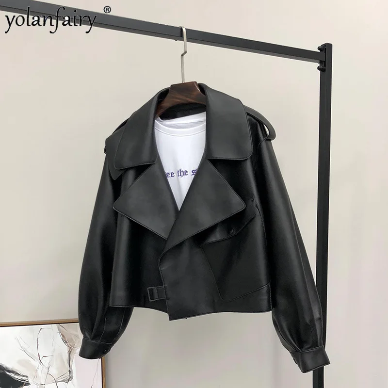 Trendy Large Collar Leather Jacket Women's Short Real Sheepskin Trech Coats Female Clothing 2023 New in Outwears Korean Fashion