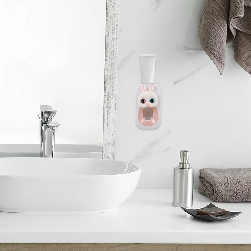 

2 Pcs Toothpaste Squeezer Kids Dispenser Cartoon Pink Rabbit Wall Mount Toothbrush Holder Plastic Toothpaste Pump