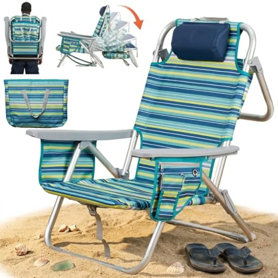 

Beach use aluminum backpack chair in striped green: lightweight, low-profile, 5-position lay-flat reclining, removable cooler b