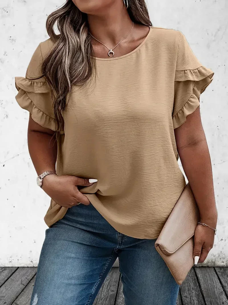 Весна-лето, женская футболка больших размеров 1XL-5XL с рюшами, женская однотонная повседневная футболка с подхватыми цветами, женская одежда с коротким рукавом