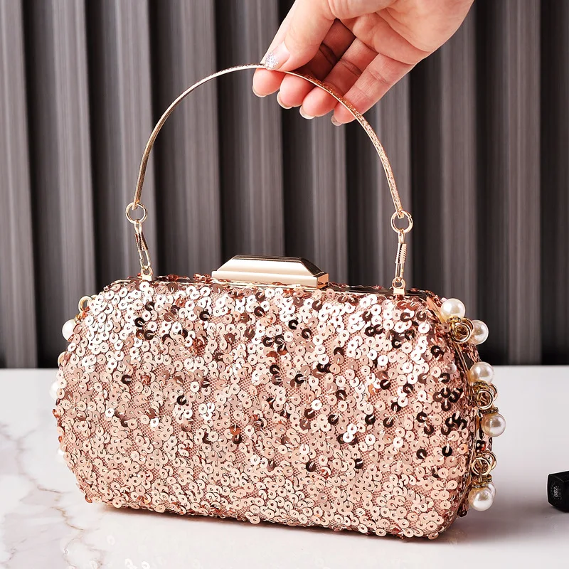 Vintage Sequined Evening Bags Women Night Party Beads Glitter Handbags Retro Metal-frame Blingbling Clutch Purse Fashion Bolsos