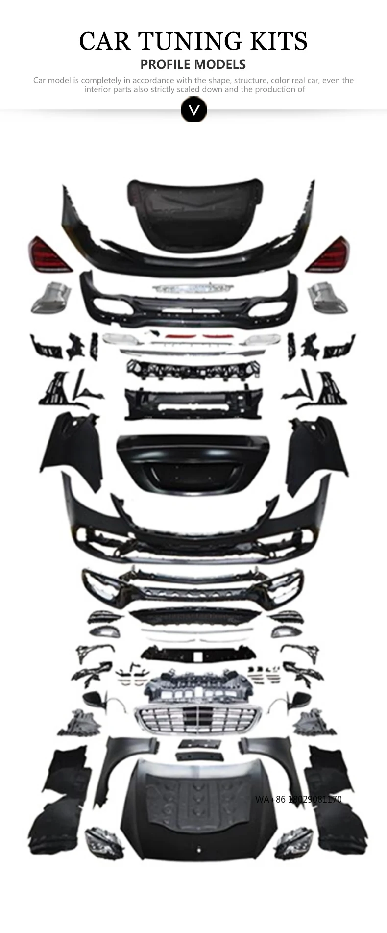Zestaw karoserii do tuningu z W221 (2005-2013) na W222 S450 (wersja Cut), zawierający przedni i tylny zderzak, pasujący do klasy S.