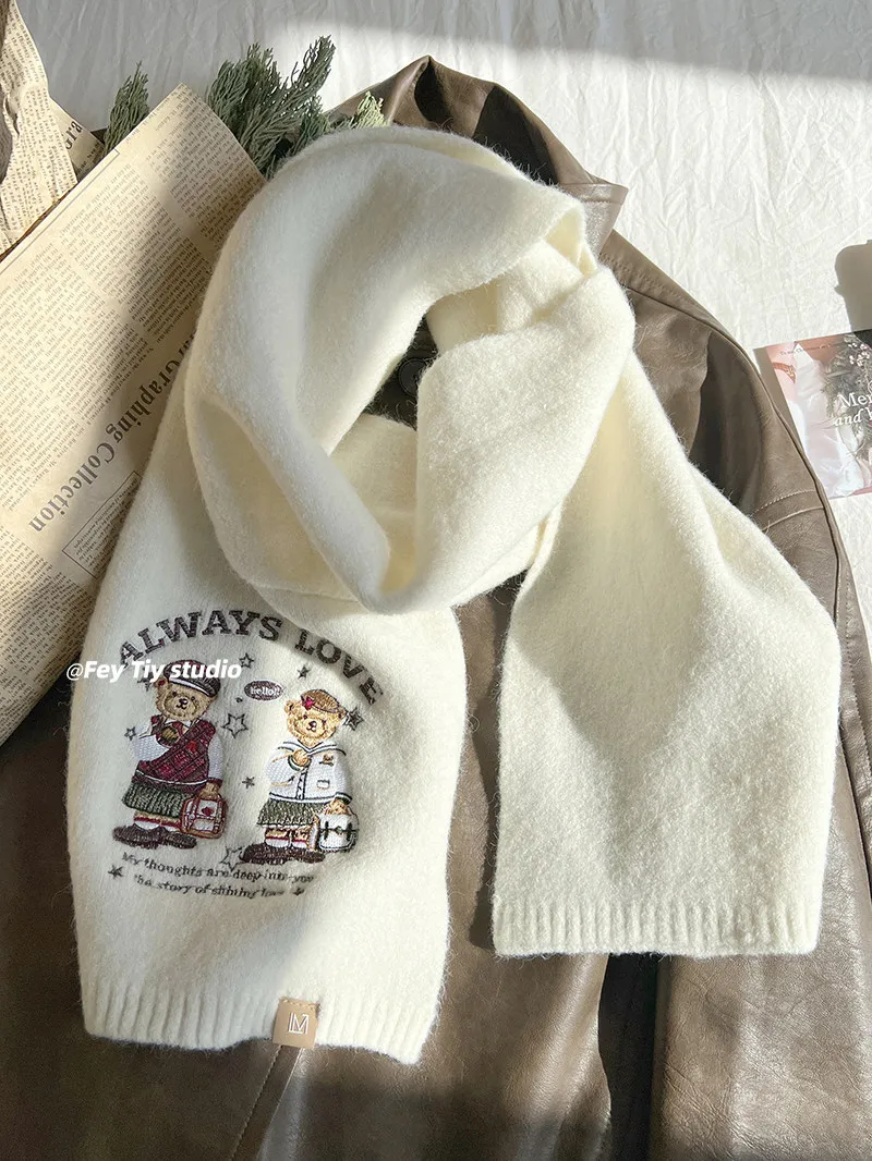New Embroidery College Style Bear Knitted Scarf Women's Autumn and Winter Warm Versatile Japanese Imitation Cashmere Scarf Girl