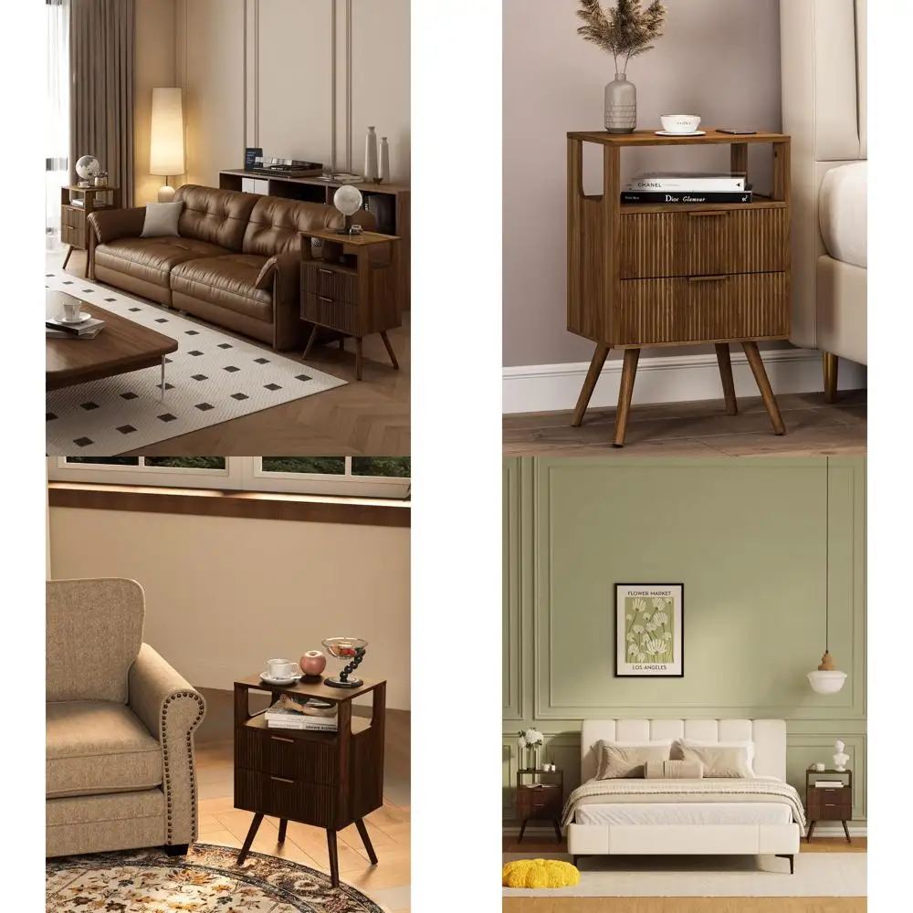 

Contemporary 2-Drawer Nightstand with Open Shelf, Walnut Brown, Solid Wood Legs for Compact Spaces