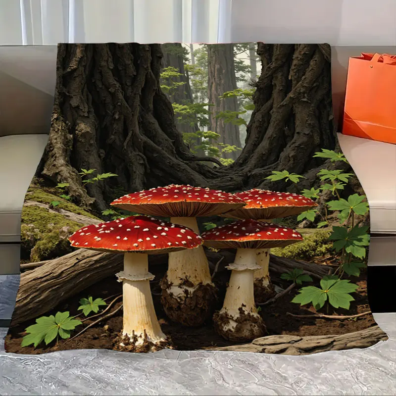 

1pc Flannel Blanket Forest Mushroom Print Blanket - Cozy Nature Scene Throw for Couch