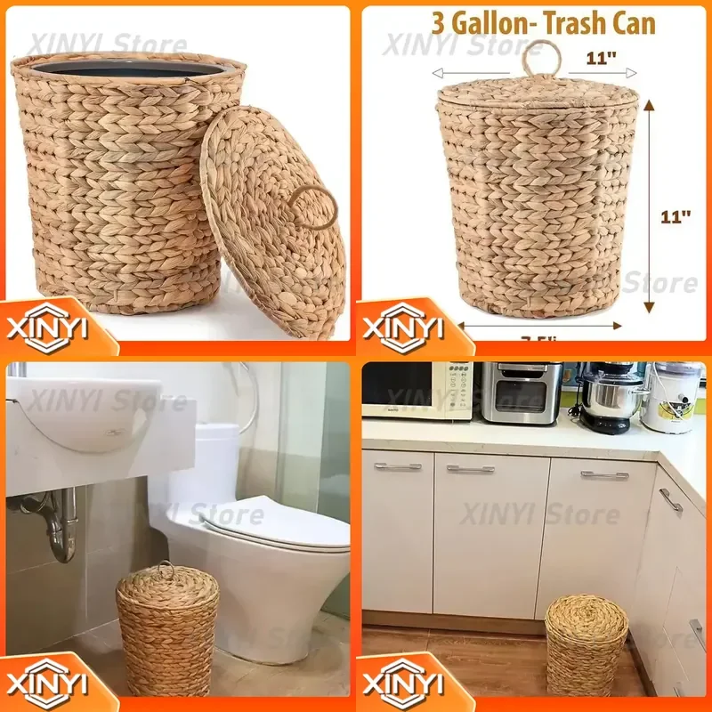 High Quality Woven Wicker Trash Can with Lid for Bedroom Bathroom and Office Large Waste Basket for Office