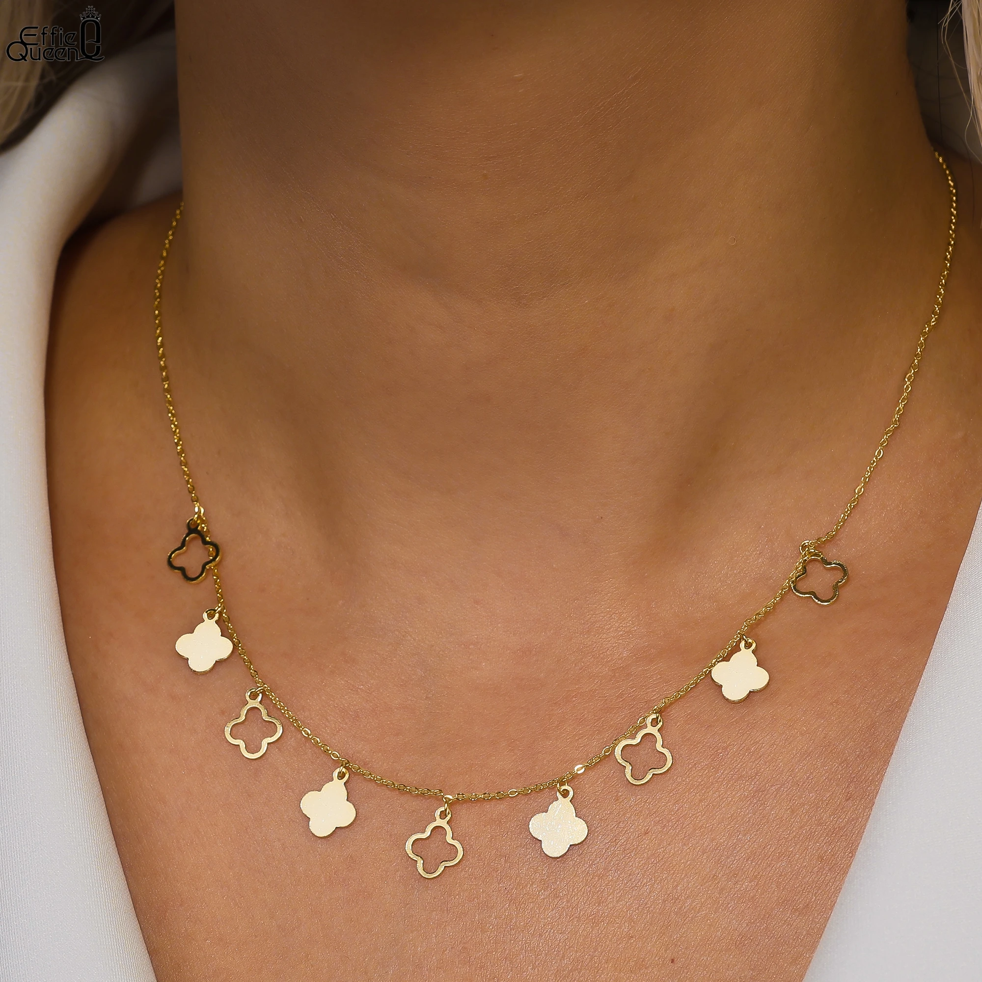 

EFFIE QUEEN 2025 Trend Necklace S925 Sterling Silver Necklace 14k Gold Four Leaf Clover Choker Necklace for Women Lucky BQN24