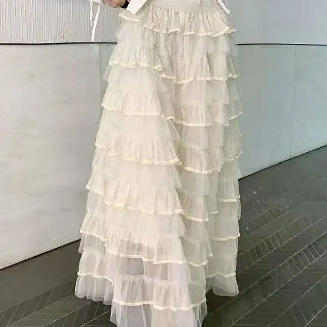 

Romantic Layered Tulle Skirt Women's Long Half-length Baking Cake Skirt Ballet Style Flocking Flounce High Waist Elastic Poly...
