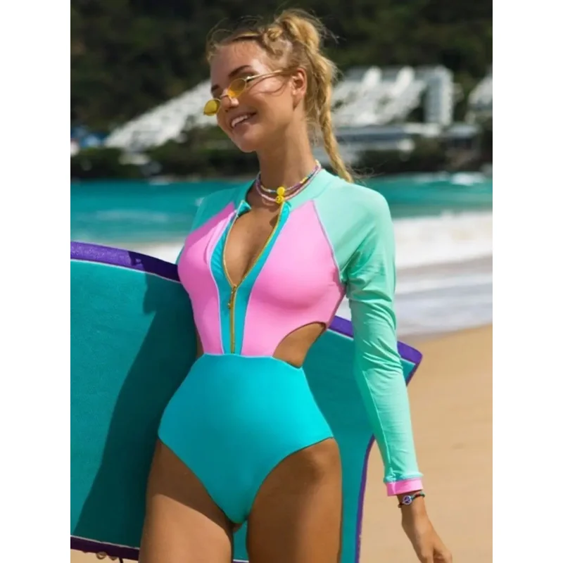 

Купальный костюм с цветными блоками и вырезами UPF50 + Рашгард спереди на молнии Спортивный серфинг Цельный купальник с длинными рукавами