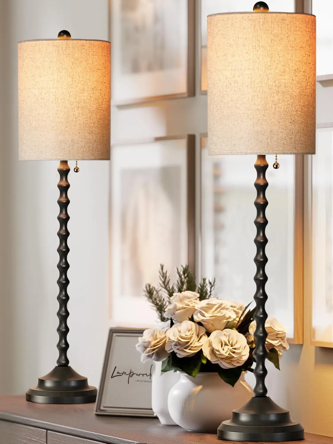 

Set of 2 Tall Table Lamps with Metal Bases & Linen Shades, UL Certified for Living Room, Dining Room