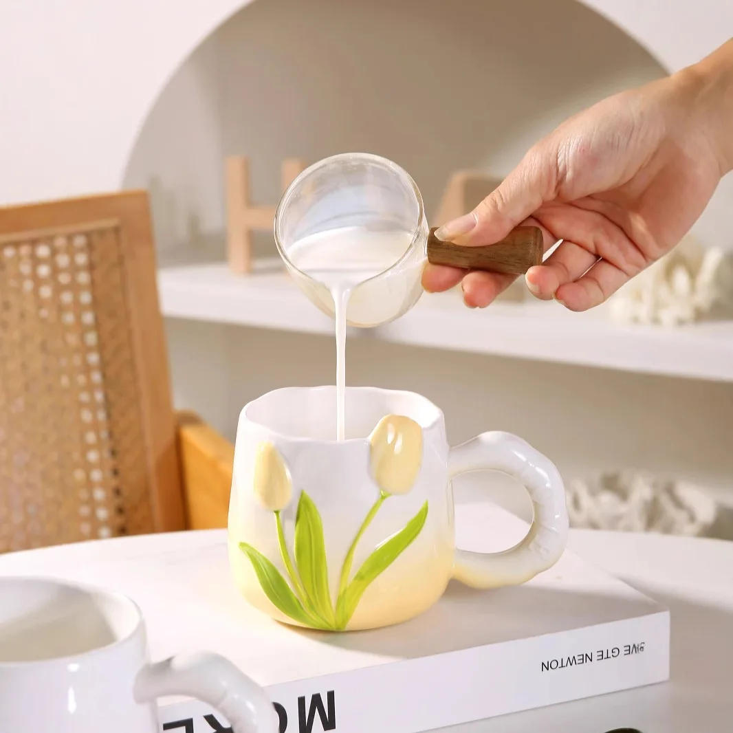 

Tulip Ceramic Mug Hand Painted Under Glaze Gradient Color Cup with Embossed Flowers for Couples