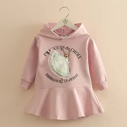 2024 Spring Autumn New 6 8 10 Years Children Kids Cartoon Lace Dancing Girl Letter Long Design Hooded Dress Sweatshirt For Girls