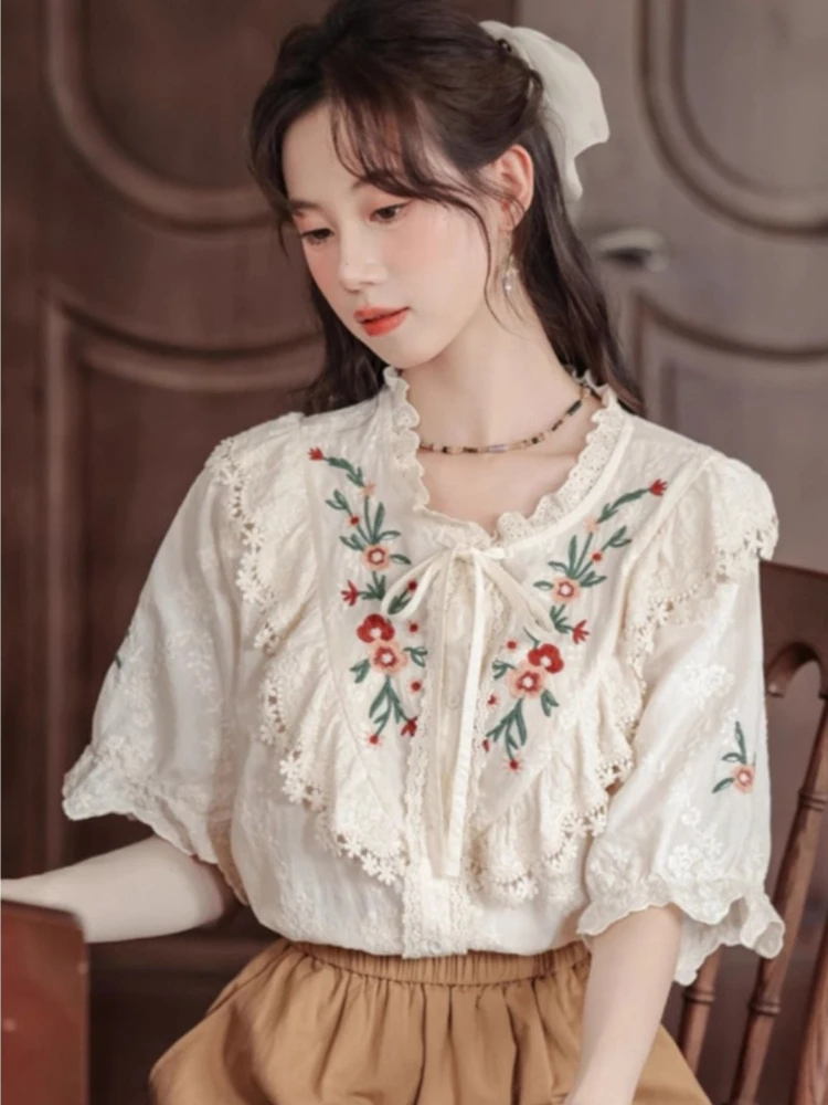 

Round Neck Short Sleeve Shirt 2026 Summer 100 Cotton Colorful Embroidery Top Button Up Casual Loose Streetwear